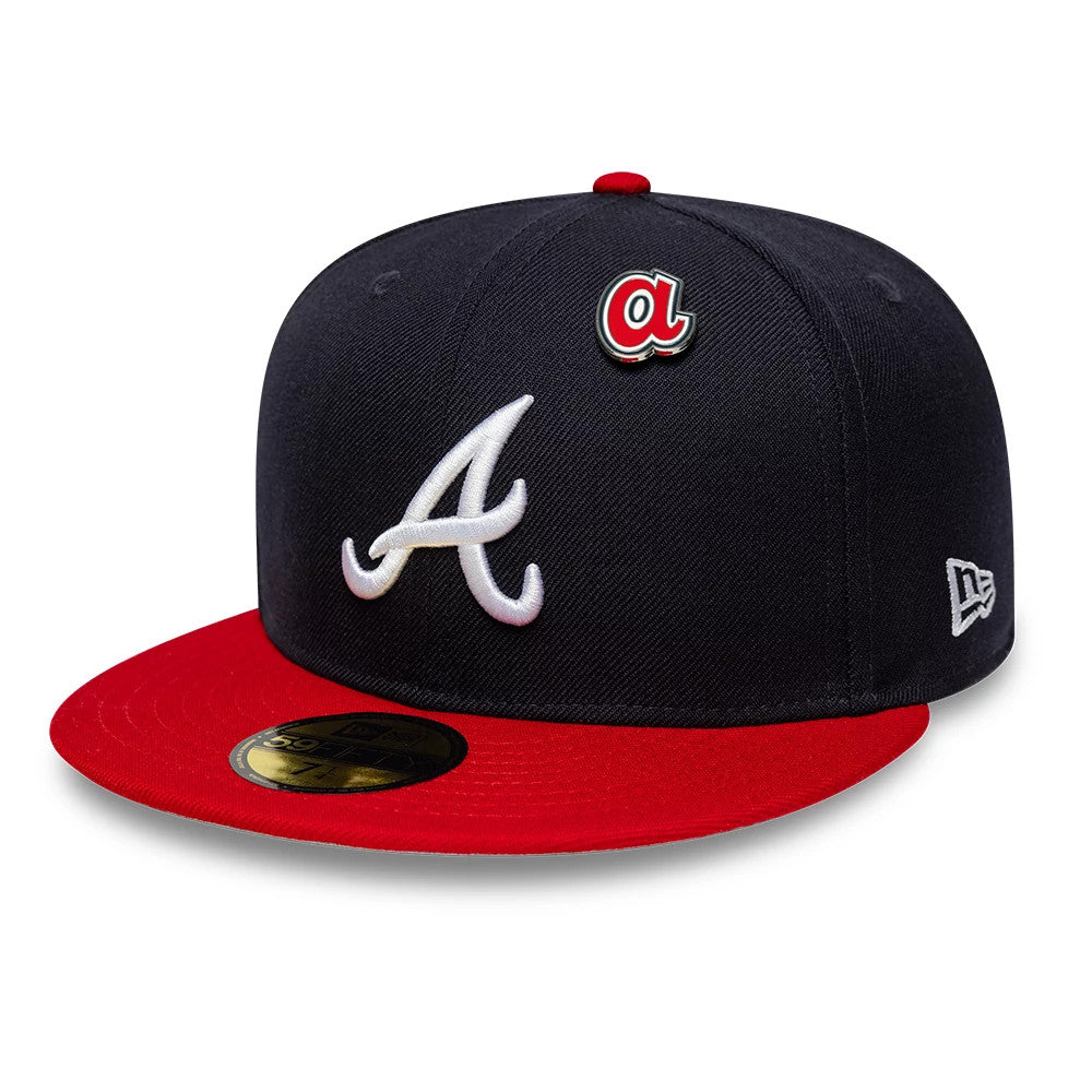 Atlanta Braves MLB Icon Navy & Red New Era 59FIFTY Fitted Cap, front view showing the white raised embroidered A logo on the navy crown, red visor with a gold 59FIFTY size sticker, and the New Era flag logo on the left side.