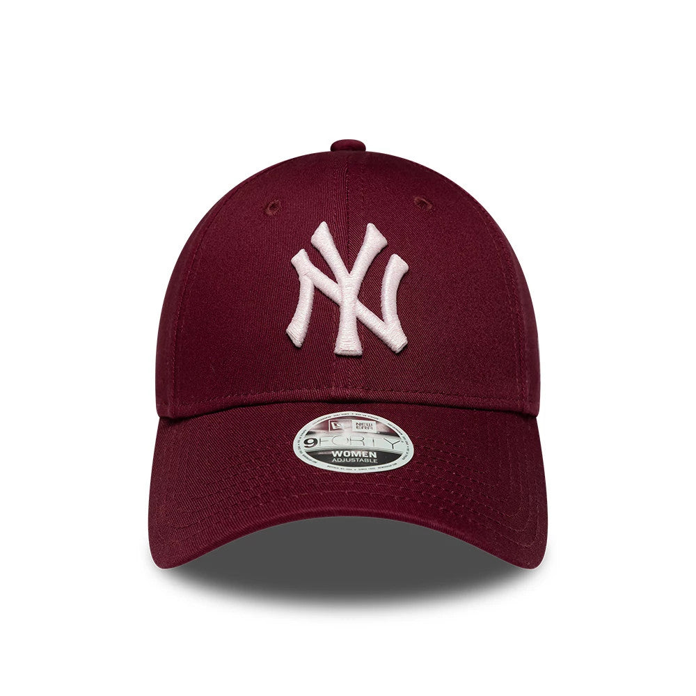 New York Yankees Womens MLB Metallic Dark Red New Era 9FORTY Adjustable Cap, front view showing the white raised embroidered NY logo on the structured dark red crown, with a curved visor and 9FORTY size sticker on the centre.