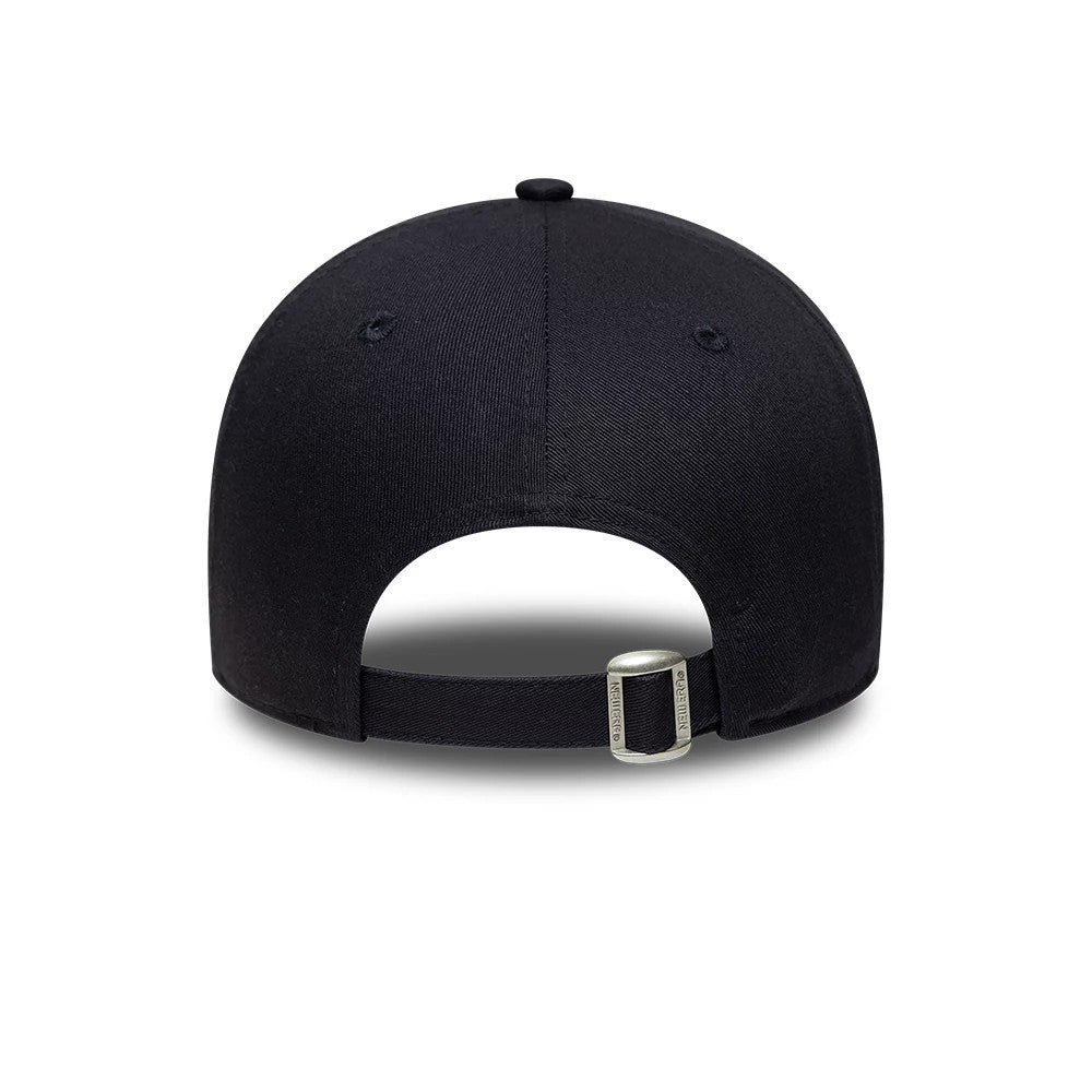New York Yankees MLB Patch Navy New Era 9FORTY Adjustable Cap, rear view showing the curved navy visor with embroidered eyelets on a structured crown, and an adjustable strap with a buckle at the back.