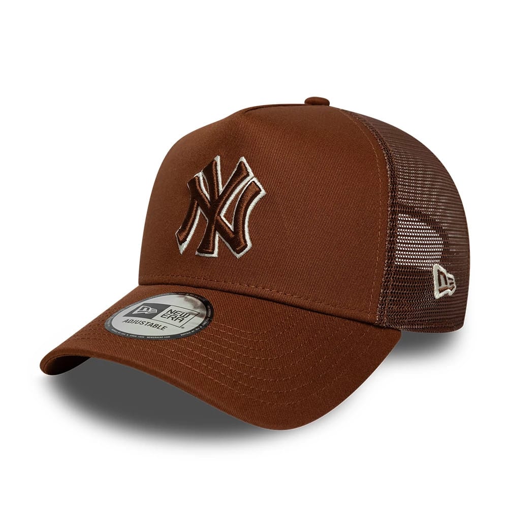 Pictured is this MLB Outline New York Yankees 9FORTY E-Frame Trucker cap in brown. 1