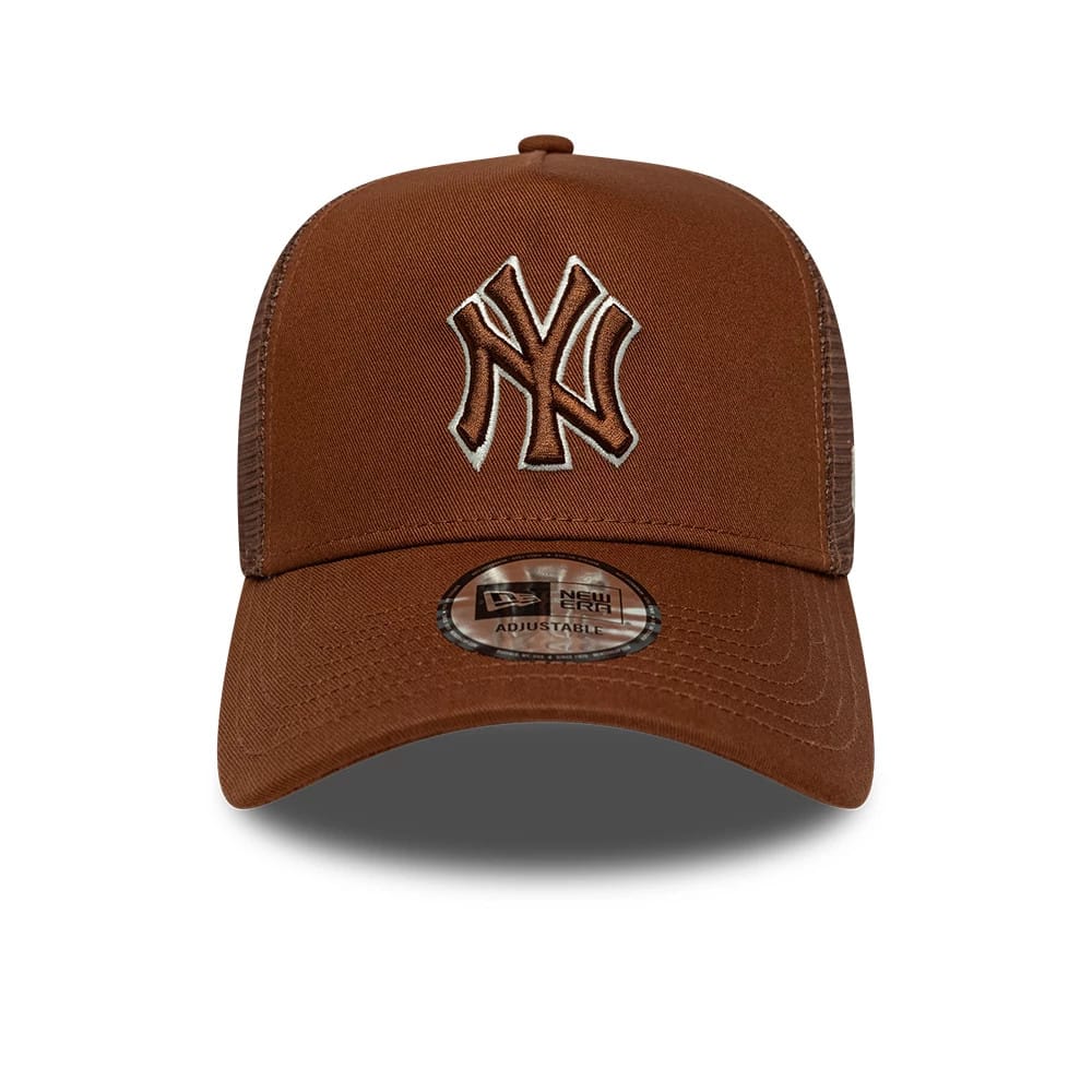 Pictured is this MLB Outline New York Yankees 9FORTY E-Frame Trucker cap in brown. 2