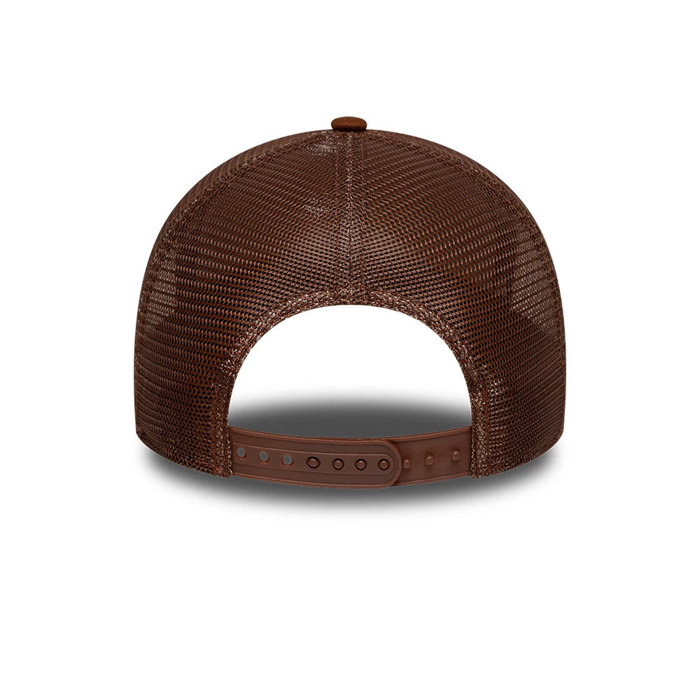 New York Yankees MLB Outline Brown New Era 9FORTY E-Frame Trucker Adjustable Cap, rear view showing the open mesh back panels in brown, adjustable snap closure in matching brown, and a structured crown with a top button.