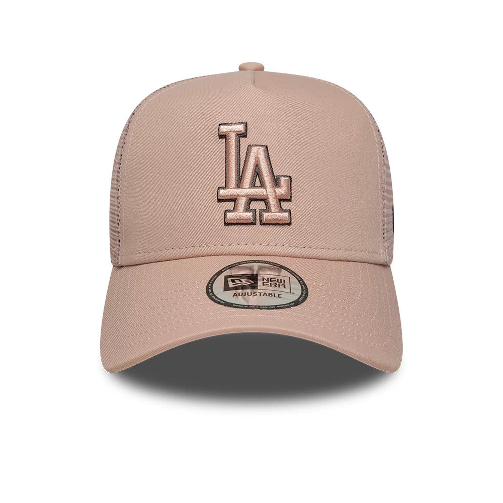 LA Dodgers MLB Outline Pastel Pink New Era 9FORTY E-Frame Trucker Adjustable Cap, front view showing the raised pink embroidered LA logo on the front panel, a matching curved visor with a 9FORTY size sticker, and mesh side panels.