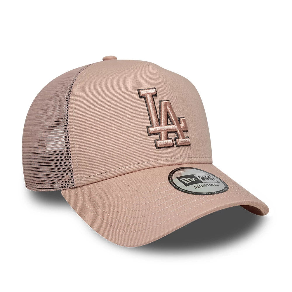 Pictured is this MLB Outline LA Dodgers 9FORTY E-Frame Trucker cap in pastel pink. 3