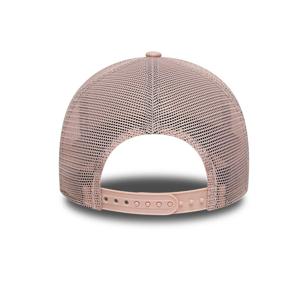 LA Dodgers MLB Outline Pastel Pink New Era 9FORTY E-Frame Trucker Adjustable Cap, rear view showing the mesh back panels in pastel pink with an adjustable snap closure, and a round matching top button enhancing the structured design.