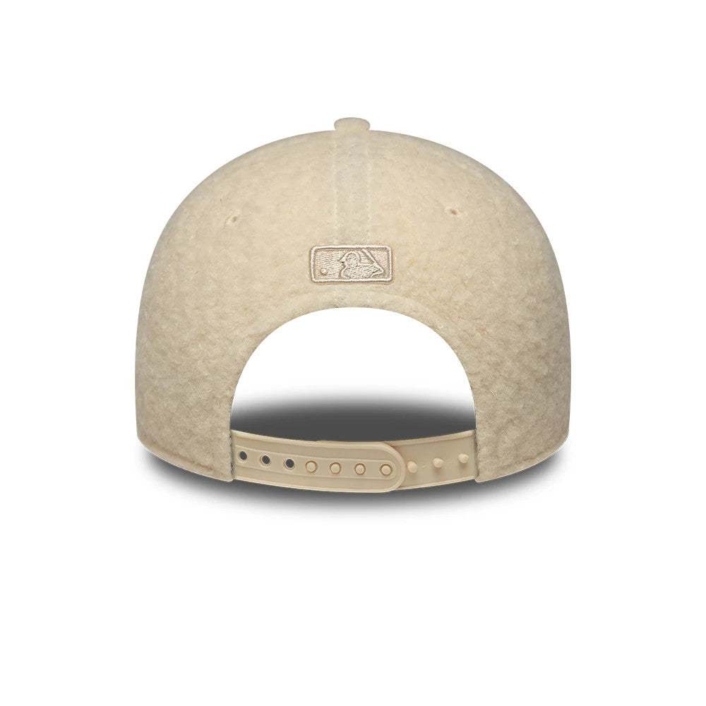 LA Dodgers Womens MLB Winter Borg Cream New Era 9FORTY M-Crown Adjustable Cap, rear view showing the cream embroidered MLB Batterman logo at the centre back, with a matching cream snapback closure and a soft-textured borg fabric crown.