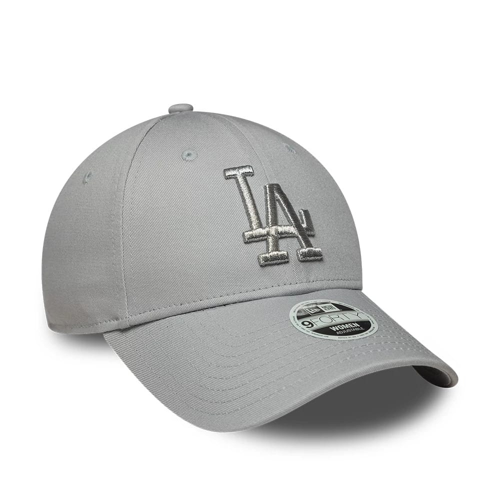 LA Dodgers Womens MLB Metallic Grey New Era 9FORTY Adjustable Cap, three-quarter view showing a silver embroidered LA logo on the front panel, a curved visor with a 9FORTY size sticker, and embroidered eyelets on the structured grey crown.