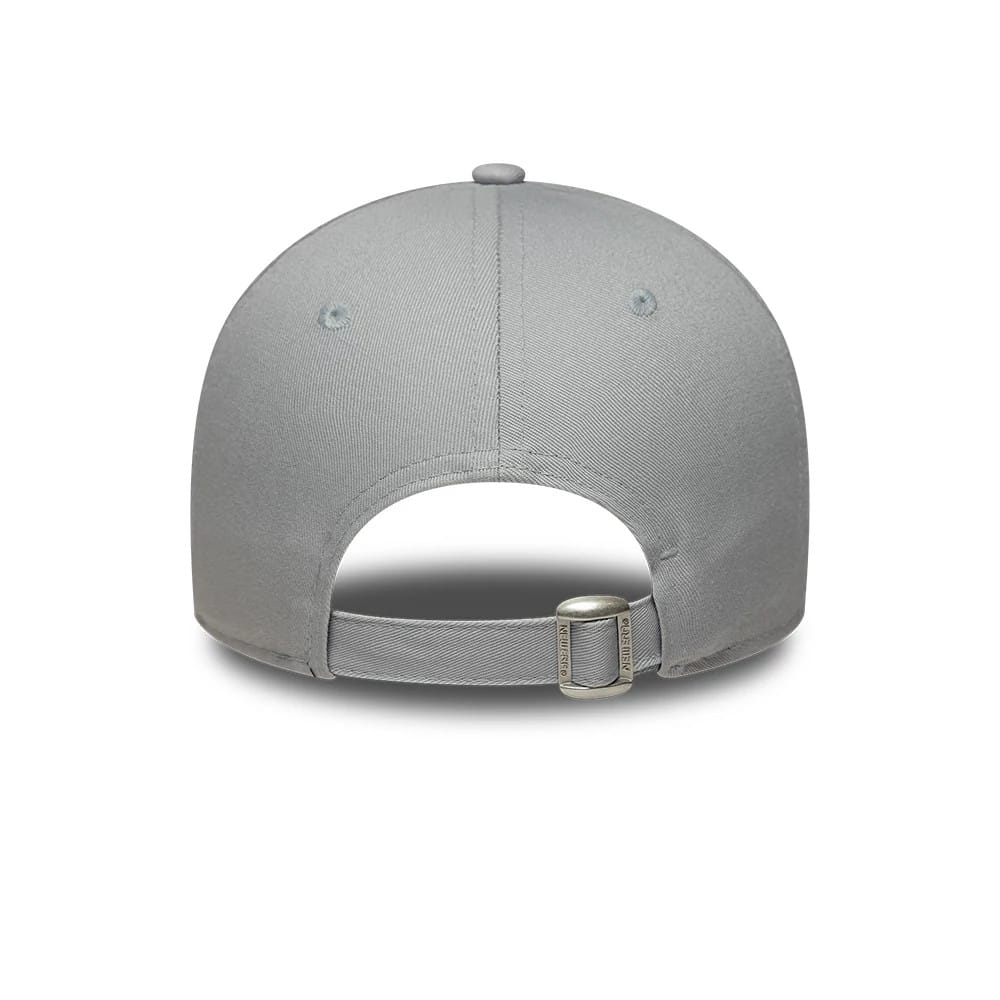 LA Dodgers Womens MLB Metallic Grey New Era 9FORTY Adjustable Cap, rear view showing an adjustable strap with a clasp, embroidered eyelets evenly placed on the structured grey crown, and a curved visor design.