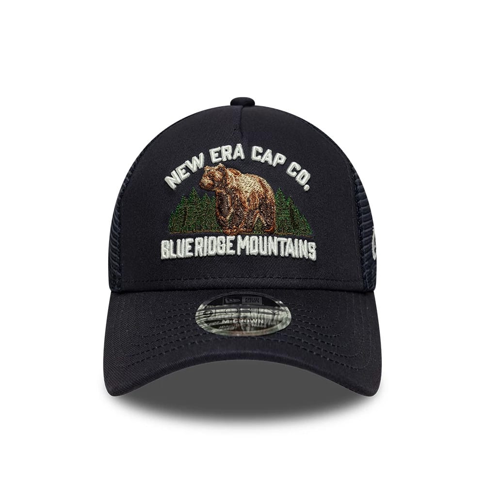 Pictured is this New Era Graphic 9FORTY M-Crown A-Frame Trucker cap in navy. 2