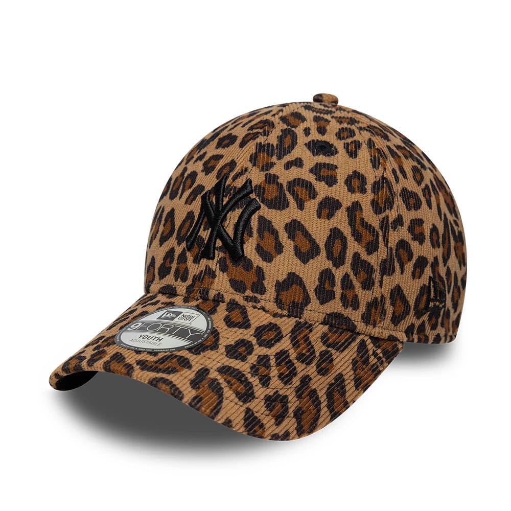 Pictured is this Youth MLB Leopard Cord New York Yankees 9FORTY cap in beige. 1