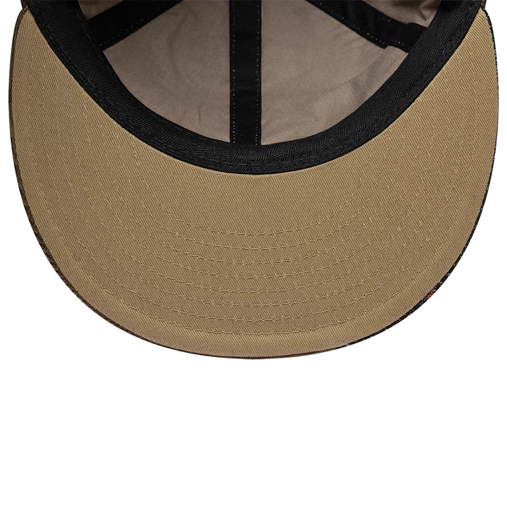 Yankees MLB Patchwork Dark Brown Retro Crown New Era 9FIFTY Adjustable Cap, inside view showing a tan undervisor, black sweatband, and black internal taping providing a glimpse of the cap's structural details and construction.