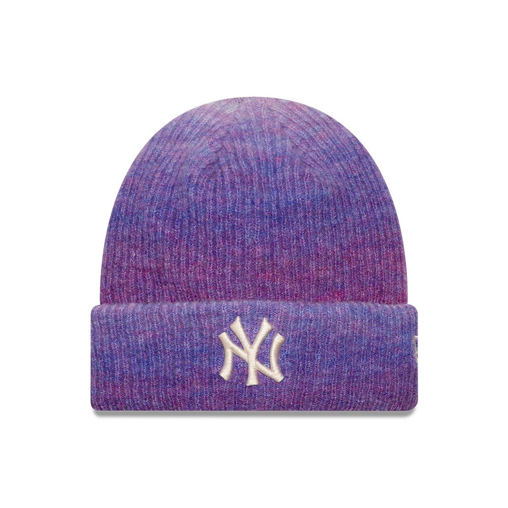 New Era New York Yankees Youth MLB Ombre Purple Cuff Knit Beanie Hat, front view showing the cream embroidered NY logo centred on the folded cuff, highlighting the gradient effect of the ombre purple knit fabric with ribbed texture.