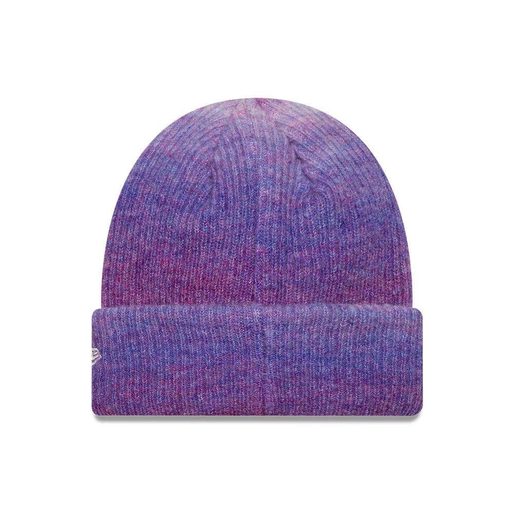 New Era New York Yankees Youth MLB Ombre Purple Cuff Knit Beanie Hat, front view showing the ombre colour transition from deep purple to a lighter shade, with ribbed knit texture and a New Era flag logo embroidered on the left side of the cuff.