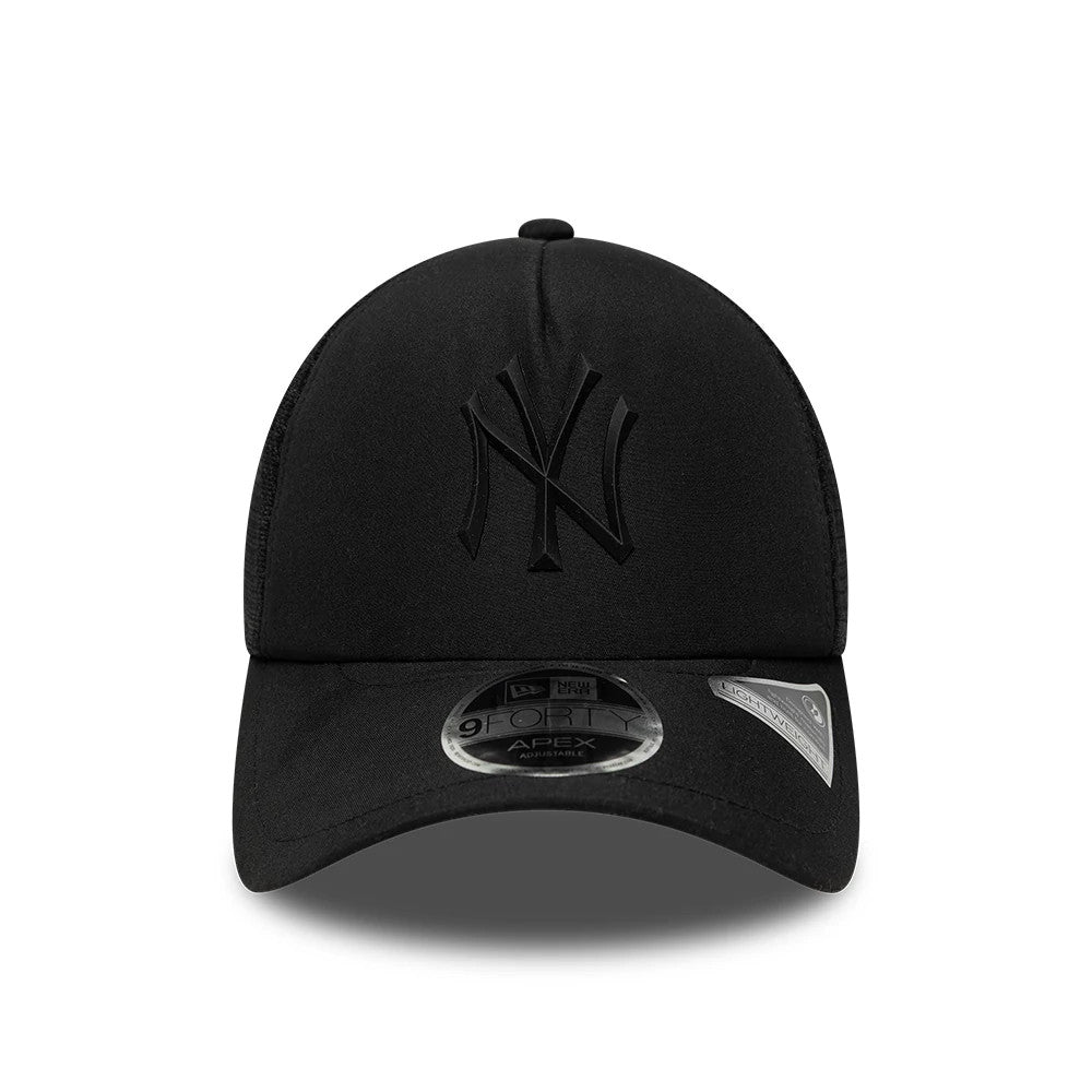 New York Yankees MLB Sporty Black New Era 9FORTY Apex Adjustable Cap, front view showing the raised black NY logo embroidered on the front panel, black curved visor with 9FORTY size sticker, and mesh side panels for added style.