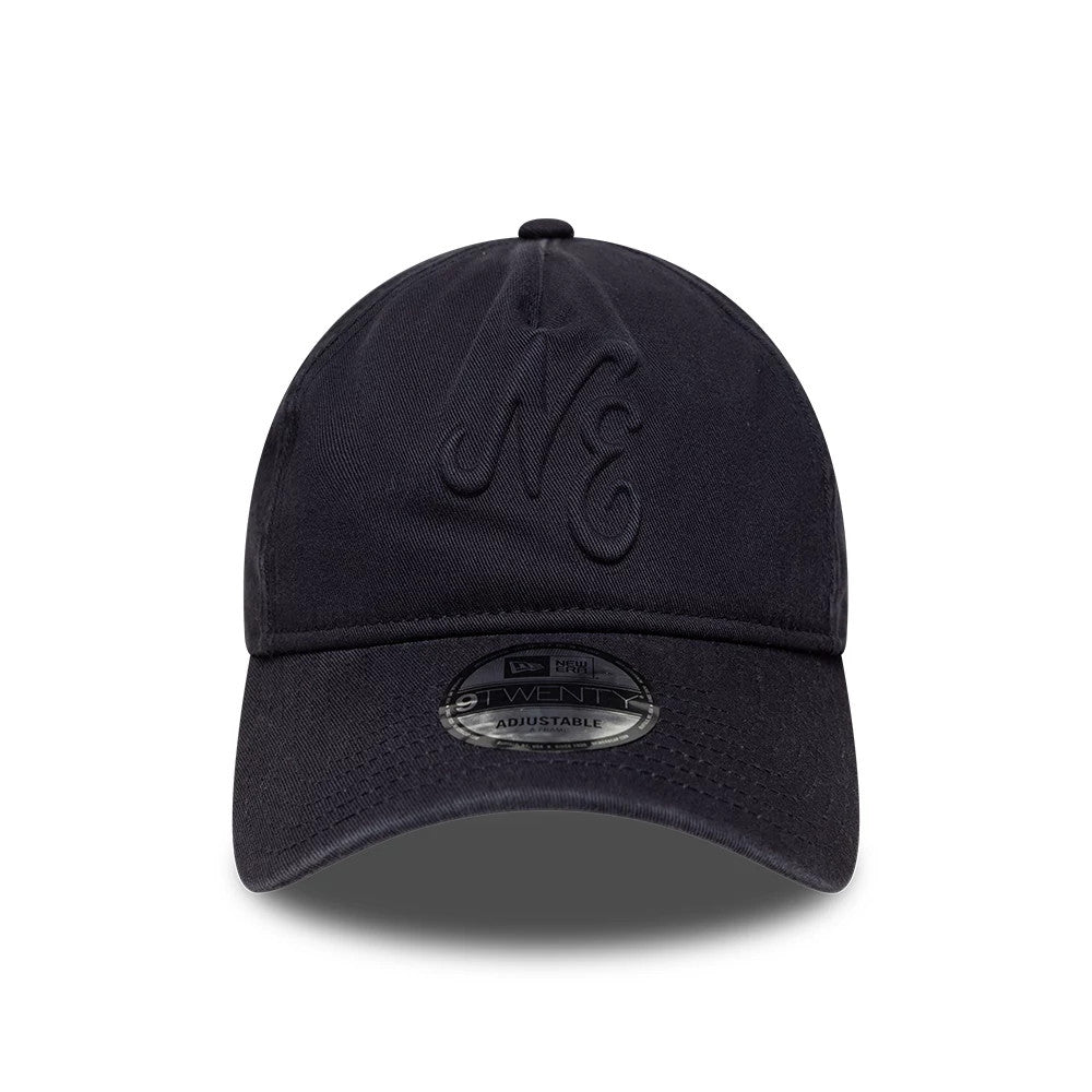 New Era Embossed Navy New Era 9TWENTY A-Frame Adjustable Cap, front view showing the raised NE embroidery on the structured navy panels, with a matching navy visor and the 9TWENTY size sticker centrally placed.