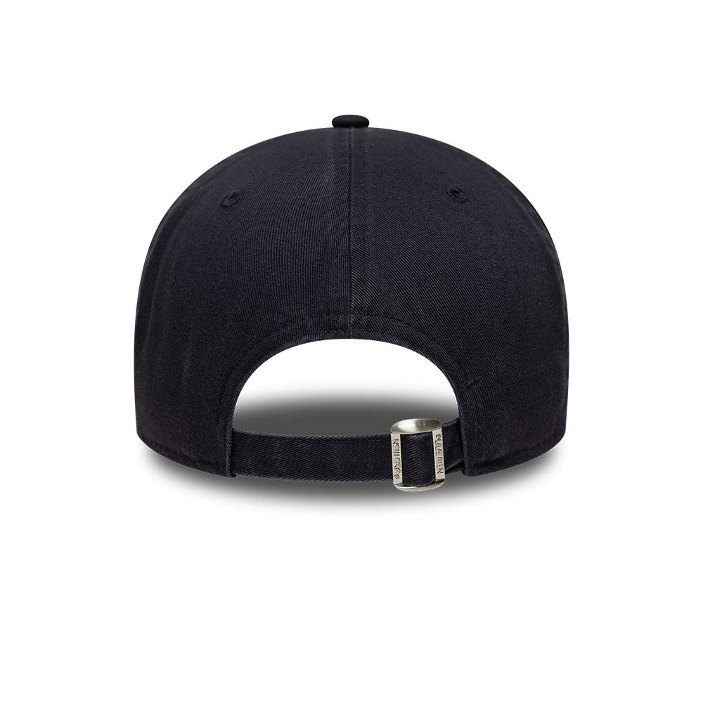 New Era Embossed Navy 9TWENTY A-Frame Adjustable Cap, rear view showing a navy strap with a silver clasp featuring embossed branding, six-panel navy construction, and a curved visor, with a central top button and embroidered eyelets.