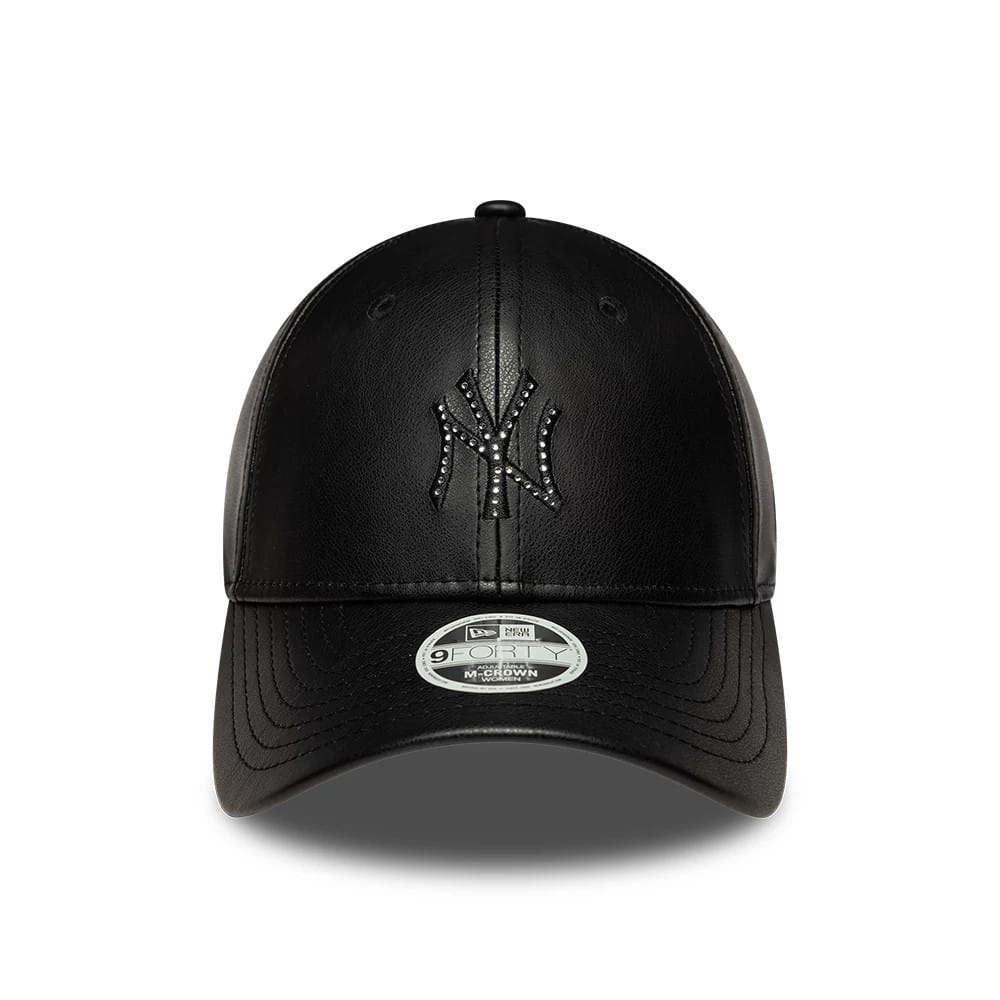 Pictured is this Womens MLB Diamante PU New York Yankees 9FORTY M-Crown cap in black. 2