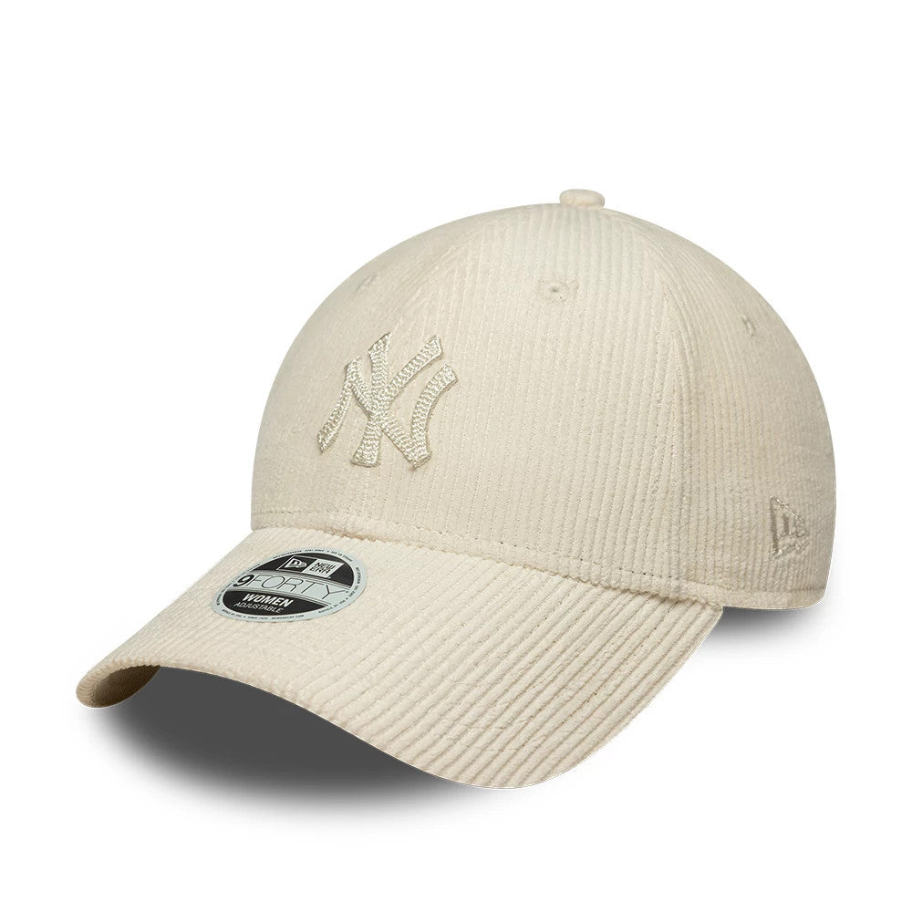 New York Yankees Womens MLB Cord Cream New Era 9FORTY Adjustable Cap, three-quarter view showing the raised cream NY logo on the front panel, cream curved visor with a 9FORTY size sticker, and the New Era flag logo on the left side.
