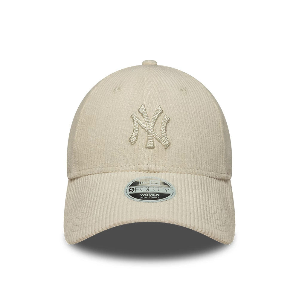 New York Yankees Womens MLB Cord Cream New Era 9FORTY Adjustable Cap, front view showing the raised cream embroidered NY logo on the structured crown, with a curved visor and a 9FORTY size sticker on the cream corduroy fabric.