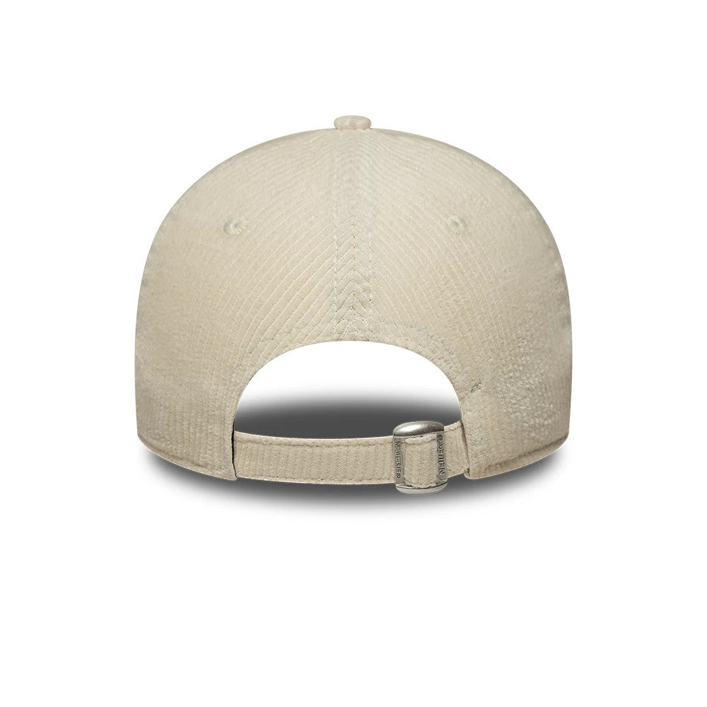 New York Yankees Womens MLB Cord Cream New Era 9FORTY Adjustable Cap, rear view showing the strapback closure with a buckle, hatband ribbing in a soft cream colour, and embroidered eyelets on the structured corduroy material.