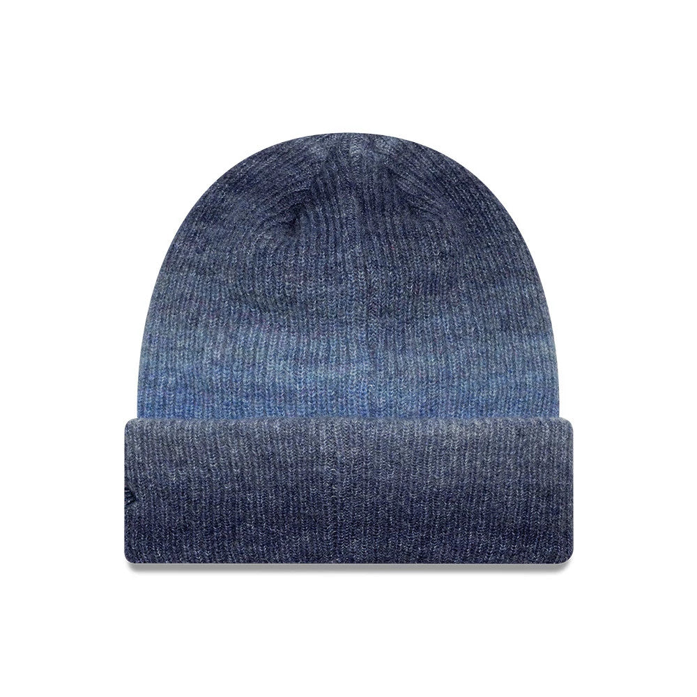 New Era New York Yankees Youth MLB Ombre Navy Cuff Knit Beanie Hat, front view showing a gradient of navy shades from the base of the cuff to the top of the crown, with a soft ribbed texture and a fold-over cuff.