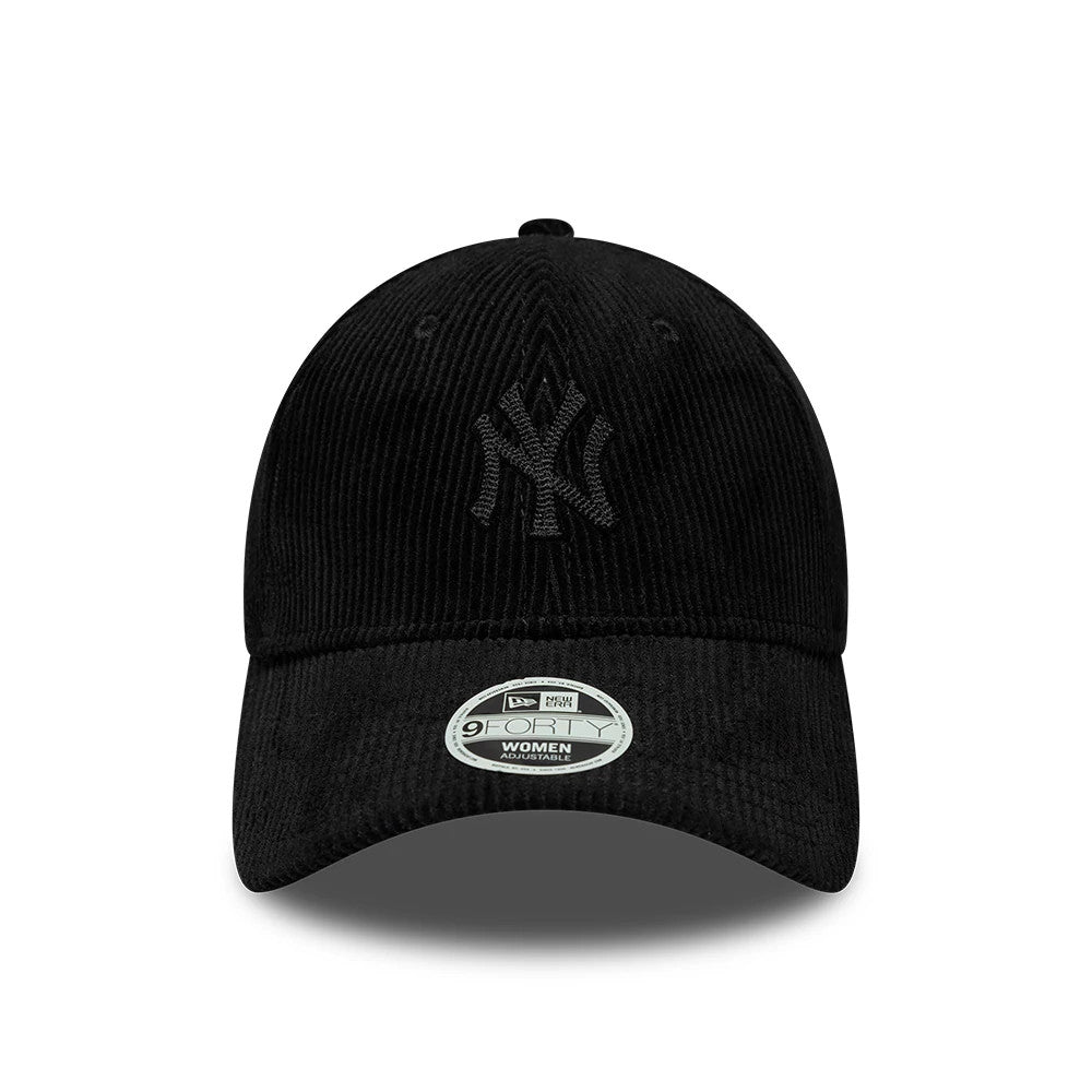 New York Yankees Womens MLB Cord Black New Era 9FORTY Adjustable Cap, front view showing the embroidered Yankees logo on the black corduroy front panels, with a black pre-curved visor and a 9FORTY size sticker on the visor.