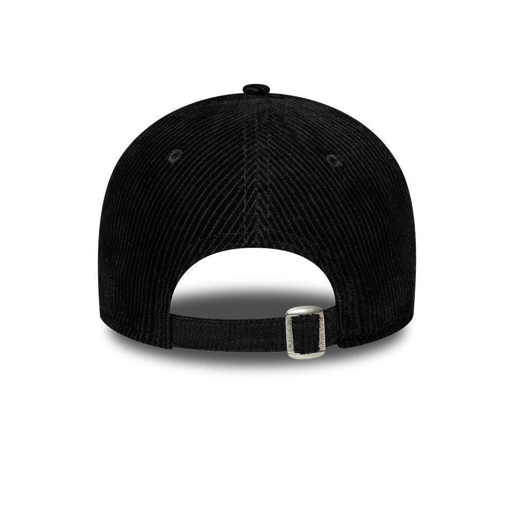 New York Yankees Womens MLB Cord Black New Era 9FORTY Adjustable Cap, rear view showing a textured black corduroy finish with an arched opening, a silver-coloured buckle on the adjustable strap, and eyelets on the unstructured crown.