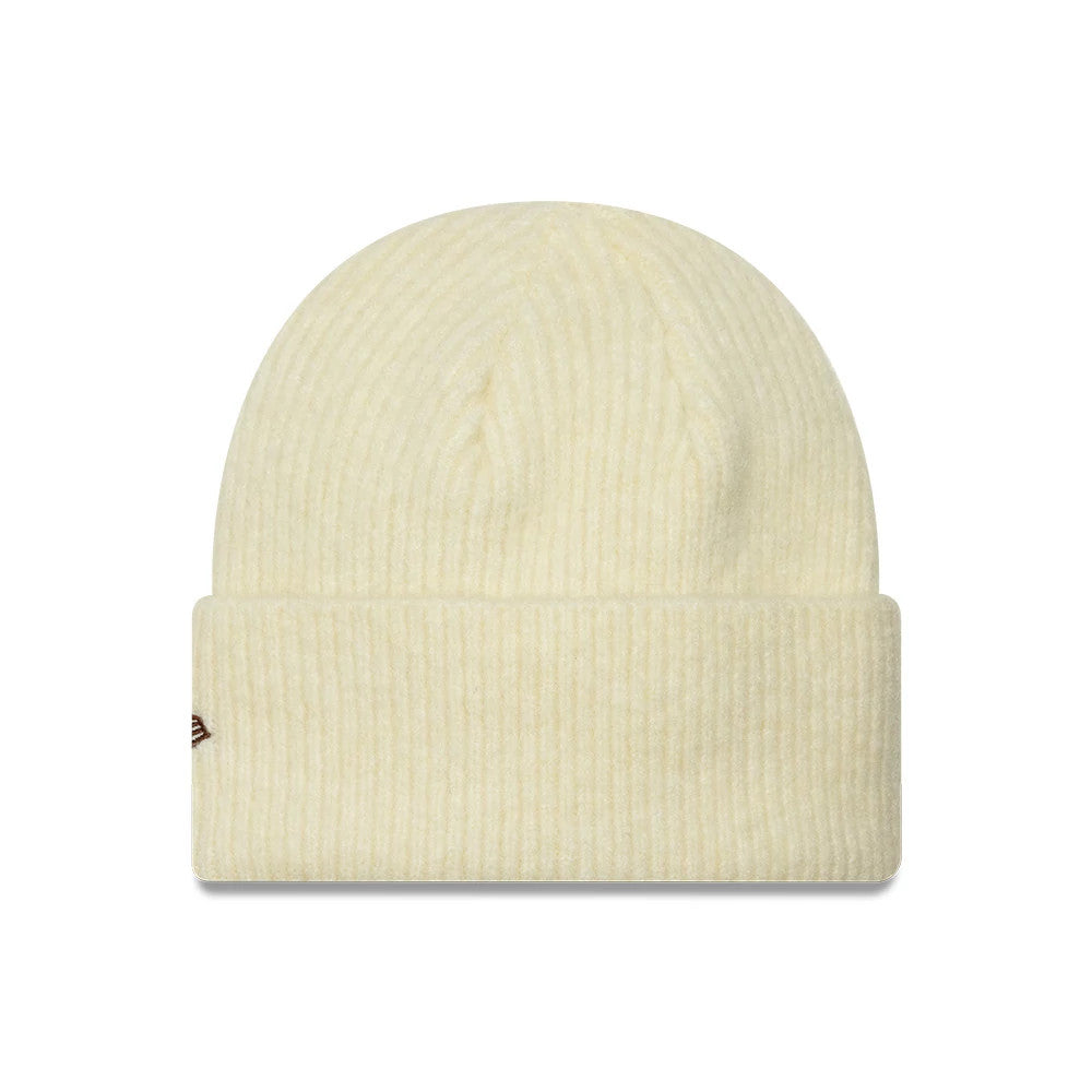 New Era New York Yankees Womens MLB Wide Cream Cuff Knit Beanie Hat, front view showing a ribbed cream texture with a wide fold-over cuff, featuring a small New Era flag logo embroidered on the left side of the cuff.