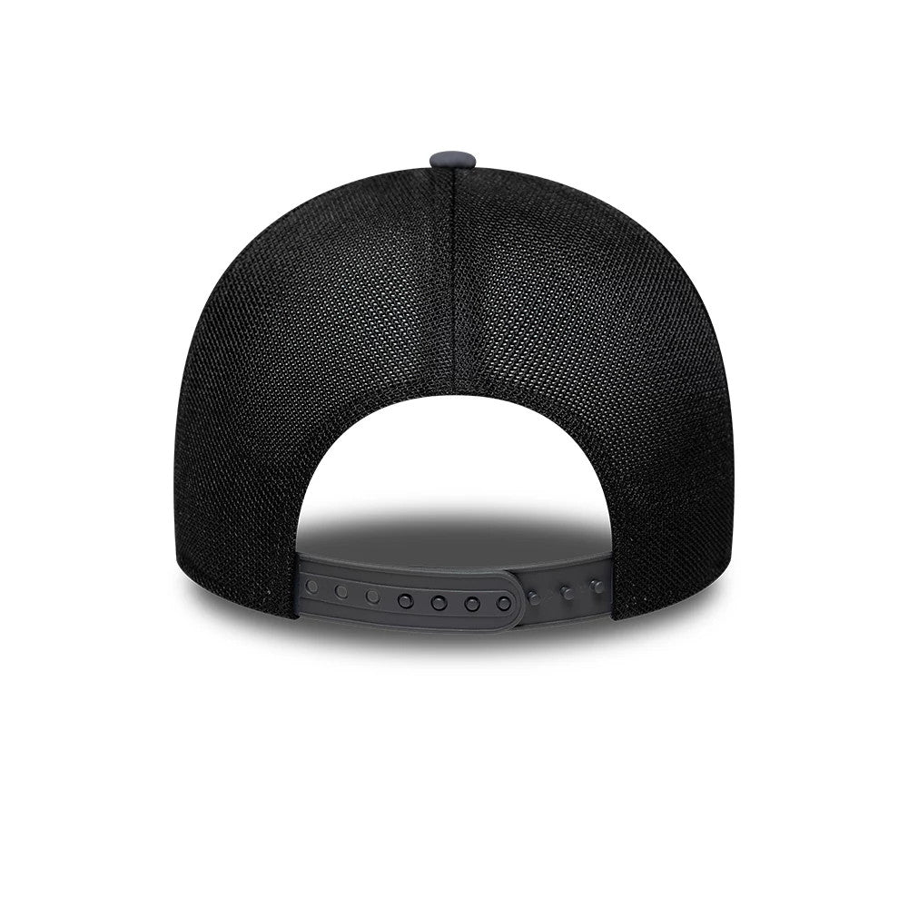 LA Dodgers MLB Graphic Grey New Era 9FORTY Apex Adjustable Cap, rear view showing an open cutout with an adjustable snap closure, structured black mesh crown, and a matching grey top button for a finish.