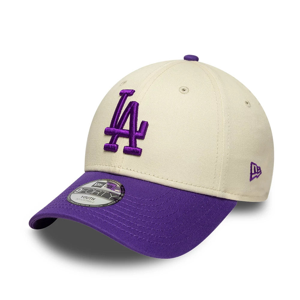 Pictured is this Youth MLB League Essential LA Dodgers 9FORTY cap in cream & purple. 1