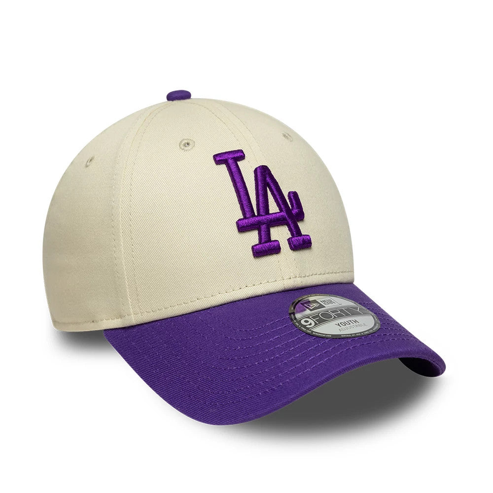 Pictured is this Youth MLB League Essential LA Dodgers 9FORTY cap in cream & purple. 3