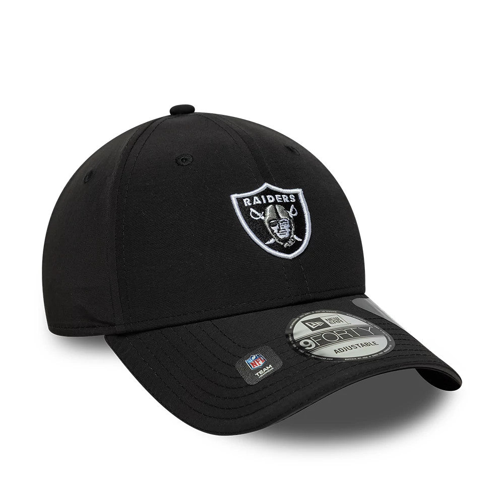 Las Vegas Raiders NFL Recycled Black New Era 9FORTY Adjustable Cap, three-quarter view showing the raised embroidered Raiders logo on the front panel, a curved black visor with a 9FORTY size sticker, and the NFL logo patch on the visor.