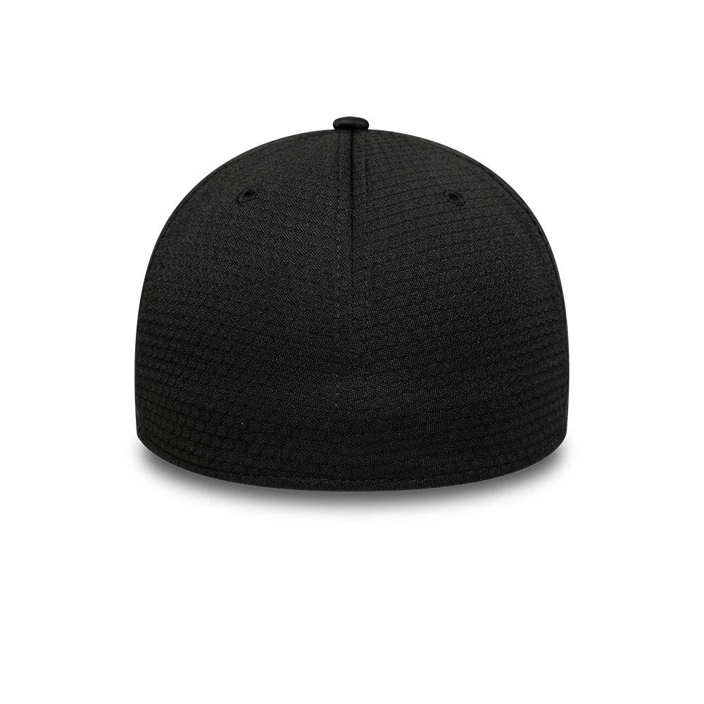 New York Yankees MLB Stretch Mesh Black New Era 39THIRTY Stretch Fit Cap, rear view showing the plain black back panels with mesh texture, no rear logo, and a small top button, creating a and uniform appearance.
