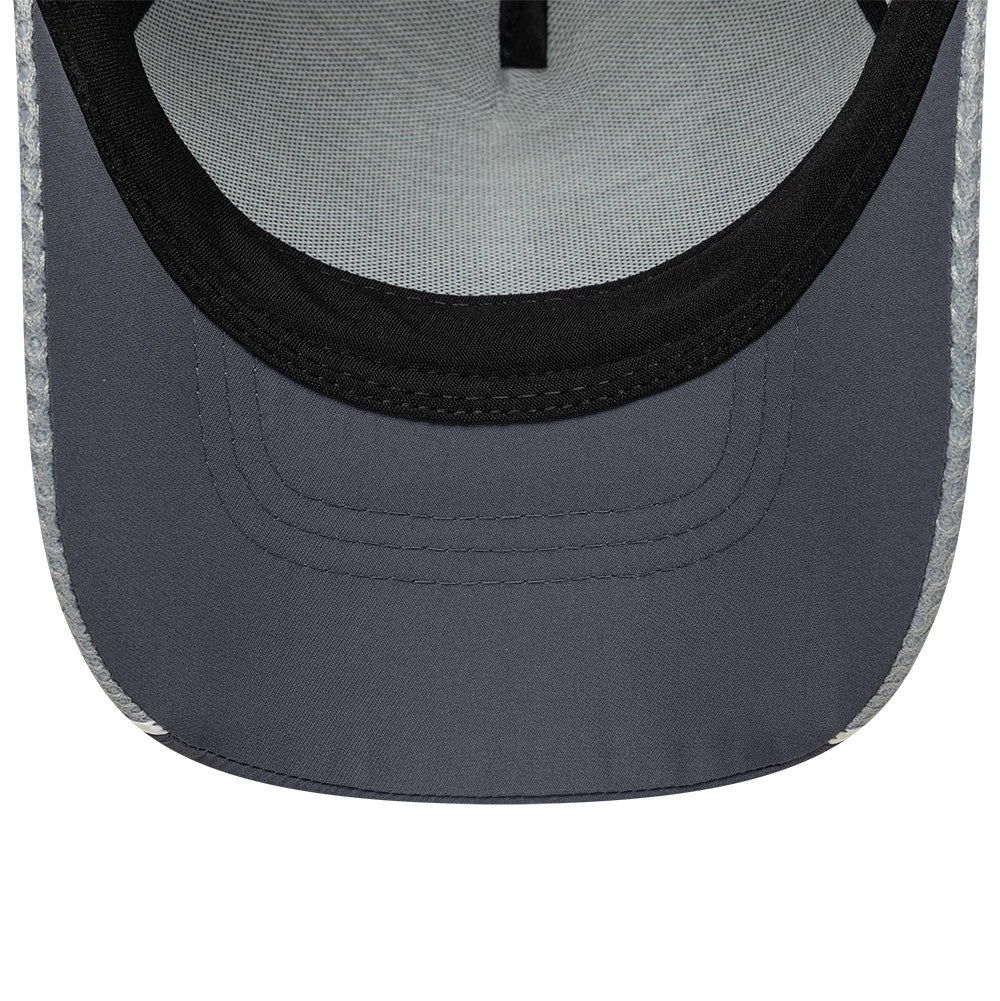 New Era Tech Grey 9FORTY M-Crown A-Frame Adjustable Cap, inside view showing the black sweatband lining the crown, grey undervisor with stitching, and contrasting white taping along the interior seams for additional detail.