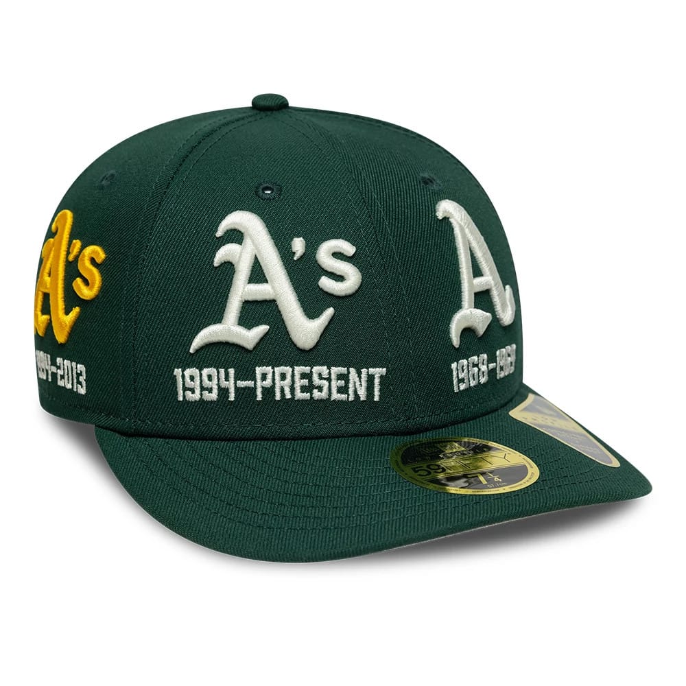 Athletics MLB Historic Dark Green New Era Low Profile 59FIFTY Fitted Cap, front view showing the A's logos embroidered across the front panels in white and yellow, with year ranges underneath.