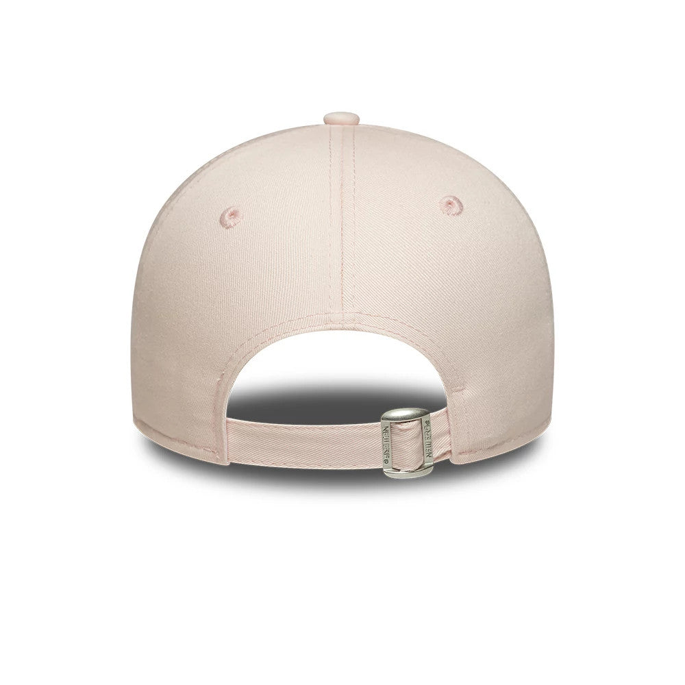 LA Dodgers Womens MLB League Essential Pastel Pink New Era 9TWENTY Adjustable Cap, rear view showing the structured pastel pink crown with matching embroidered eyelets, an adjustable strap with a clasp, and a seamless centre back panel.
