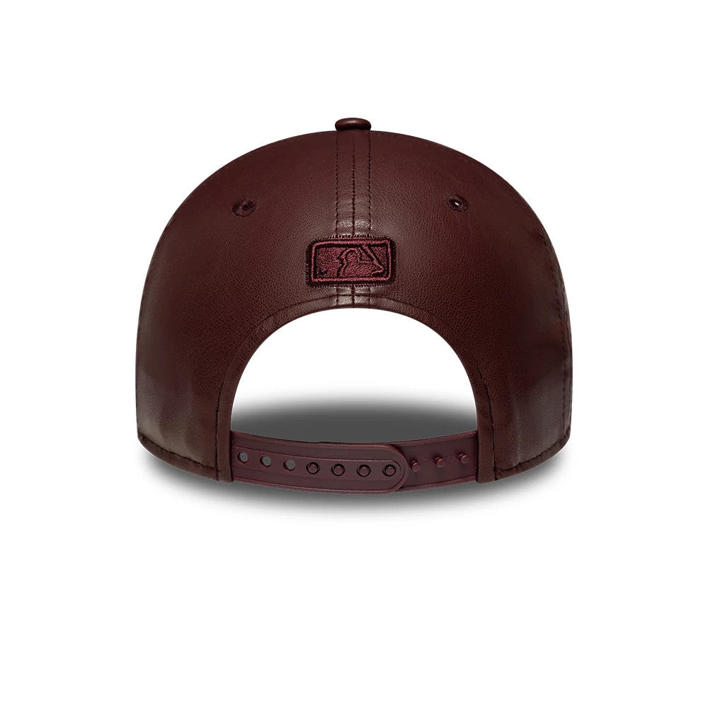 Yankees Womens MLB Diamante PU Dark Red New Era 9FORTY M-Crown Adjustable Cap, rear view showing the dark red embroidered MLB Batterman logo placed at the centre back, with a dark red PU material finish and adjustable strap closure.
