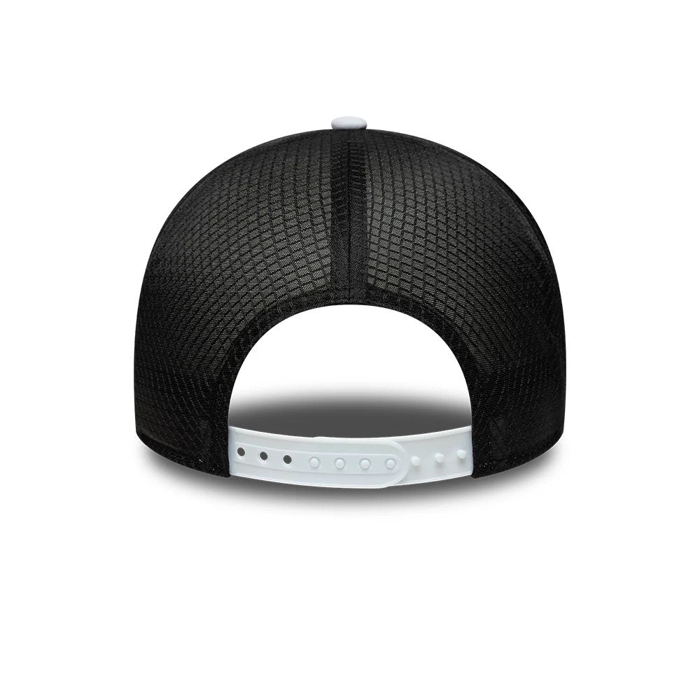LA Dodgers MLB Sporty White New Era 9FORTY Apex Adjustable Cap, rear view showing the structured black mesh crown with its texture, a contrasting white snap closure, and a top button enhancing the sporty design.