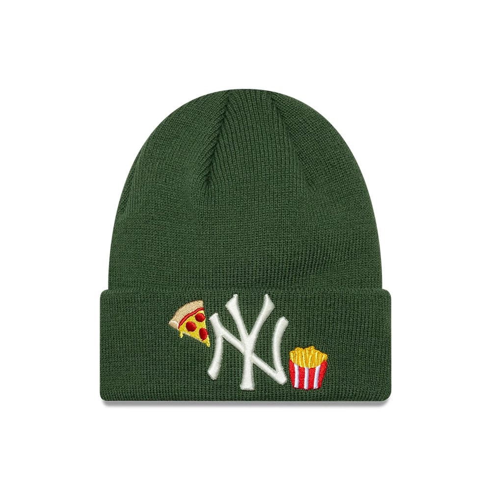 New Era New York Yankees Child MLB Food Icon Dark Green Cuff Knit Beanie Hat, front view showing white embroidered NY logo on the dark green cuff, flanked by colourful food icons of a pizza slice on the left and fries on the right.