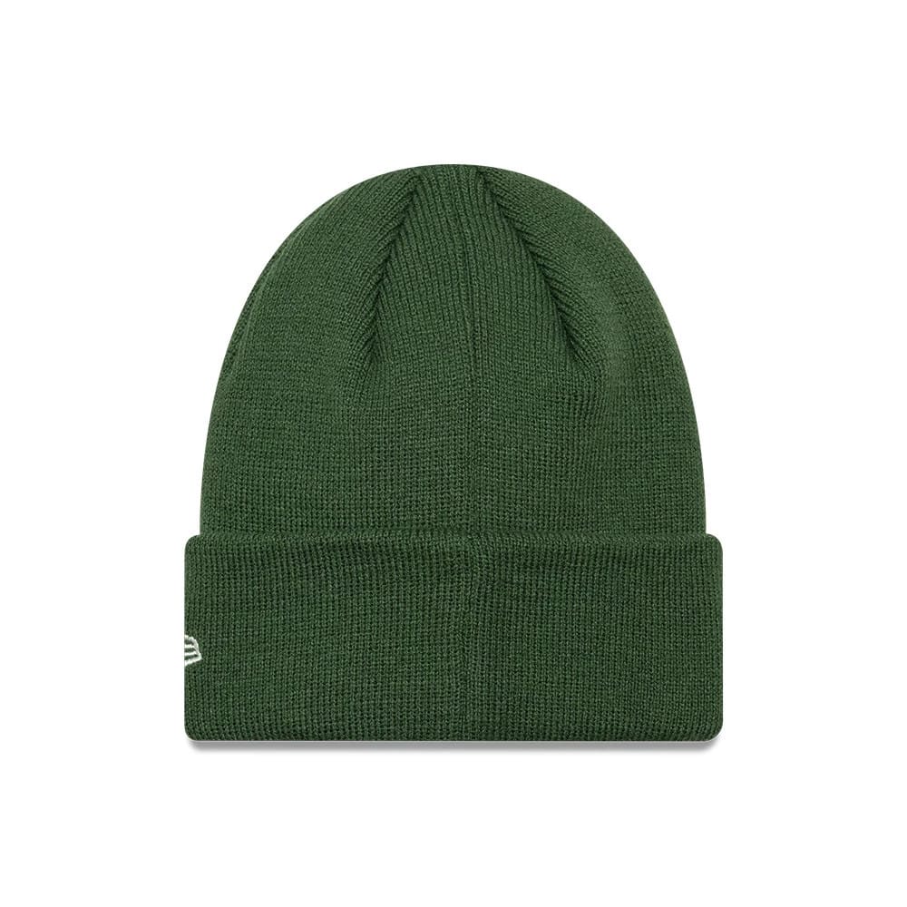 New Era New York Yankees Child MLB Food Icon Dark Green Cuff Knit Beanie Hat, front view showing the dark green ribbed cuff with an embroidered New Era flag logo on the left side, and a rounded, seamless crown above.