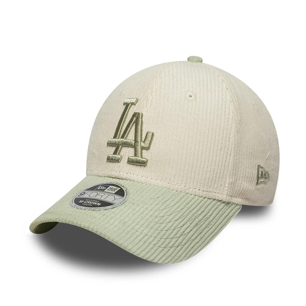 LA Dodgers Youth MLB Cord Cream New Era 9FORTY M-Crown Adjustable Cap, front view showing raised green LA logo embroidery on cream cord crown, New Era flag logo on the left side, and matching green cord visor with 9FORTY size sticker.
