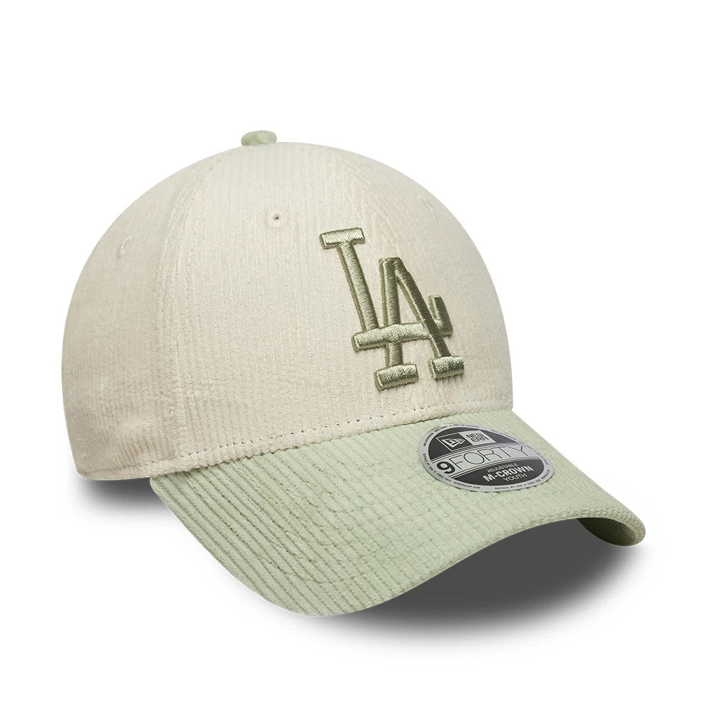 LA Dodgers Youth MLB Cord Cream New Era 9FORTY M-Crown Adjustable Cap, three-quarter view showing the cream embroidered LA logo on the front panel, sage green corduroy curved visor, and 9FORTY size sticker on the top of the visor.
