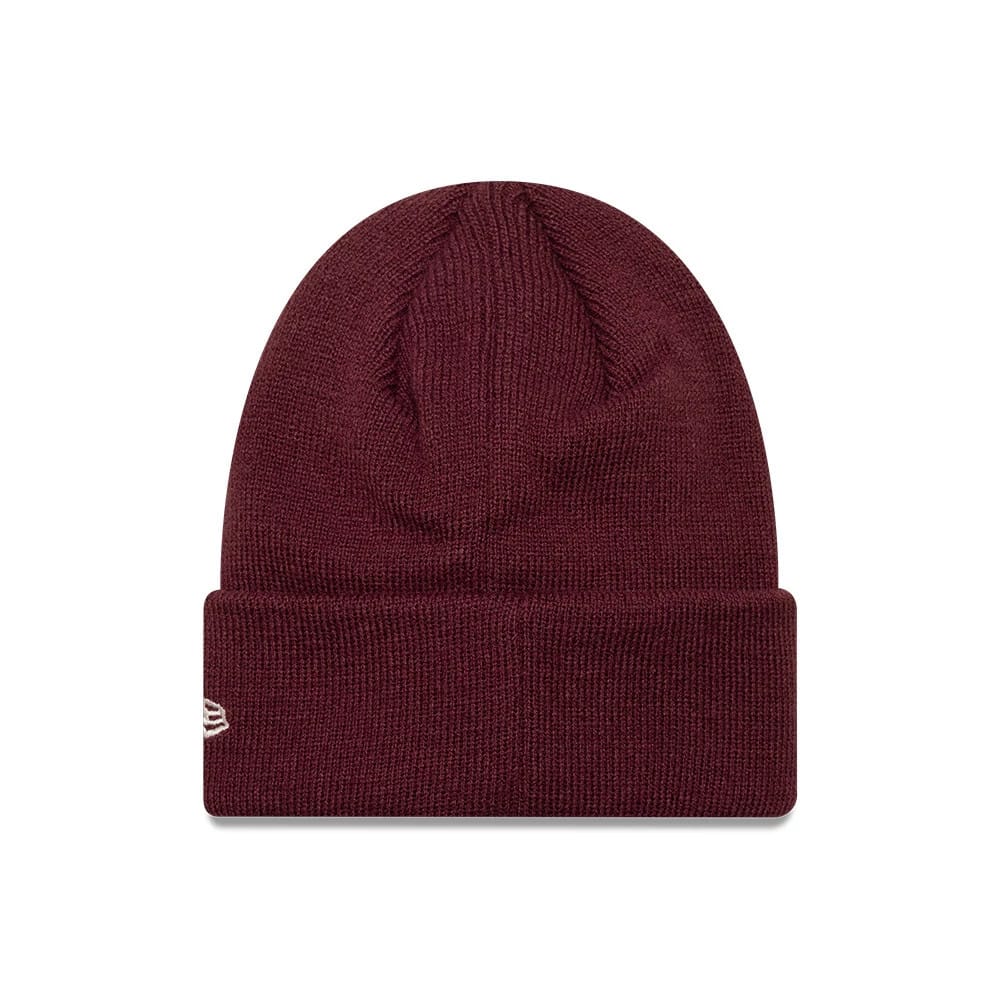 New Era New York Yankees Child MLB Food Icon Dark Red Cuff Knit Beanie Hat, front view showing the tightly knitted dark red crown and prominent fold-over cuff, with the white New Era flag logo embroidered on the left side of the cuff.