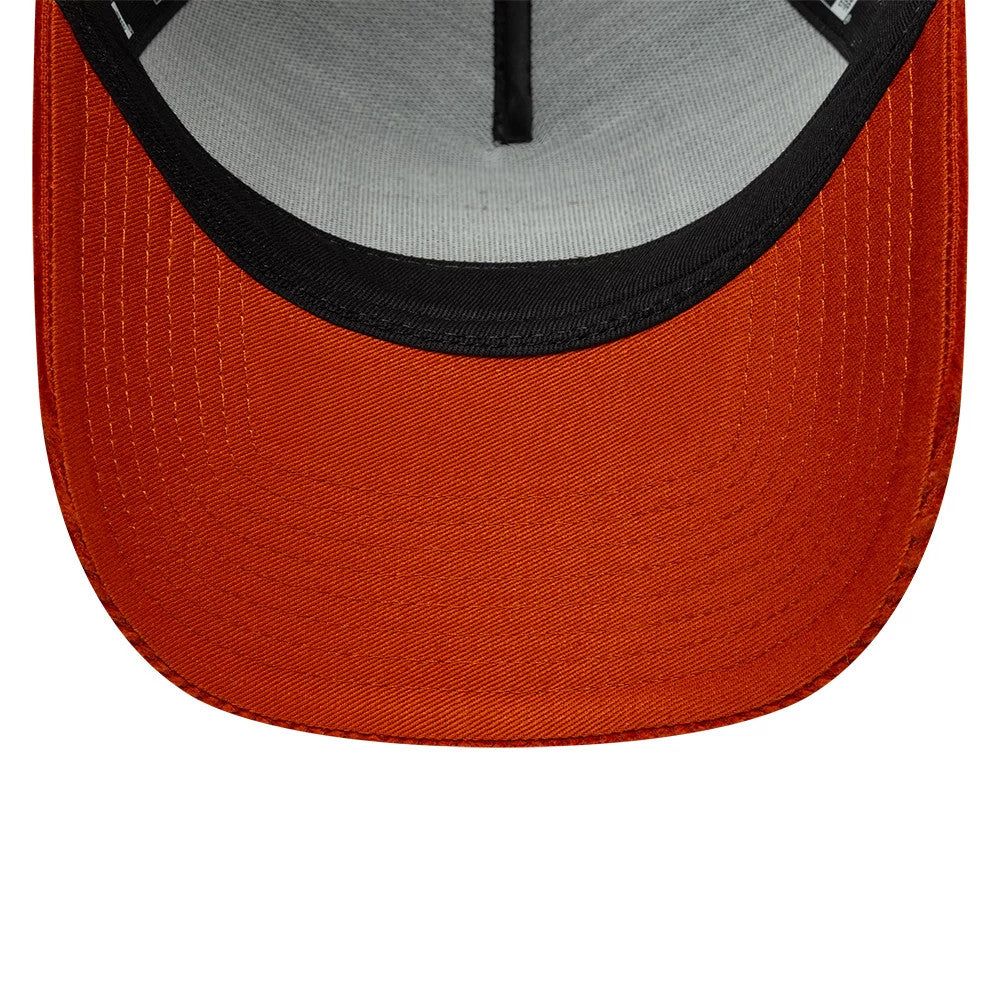 Pictured is this New Era Patch Cord 9FORTY A-Frame Trucker cap in navy & red. 5