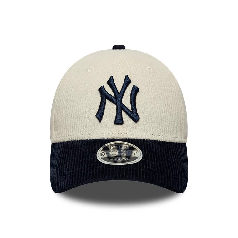 Pictured is this Youth MLB Cord New York Yankees 9FORTY M-Crown cap in white & black. 2