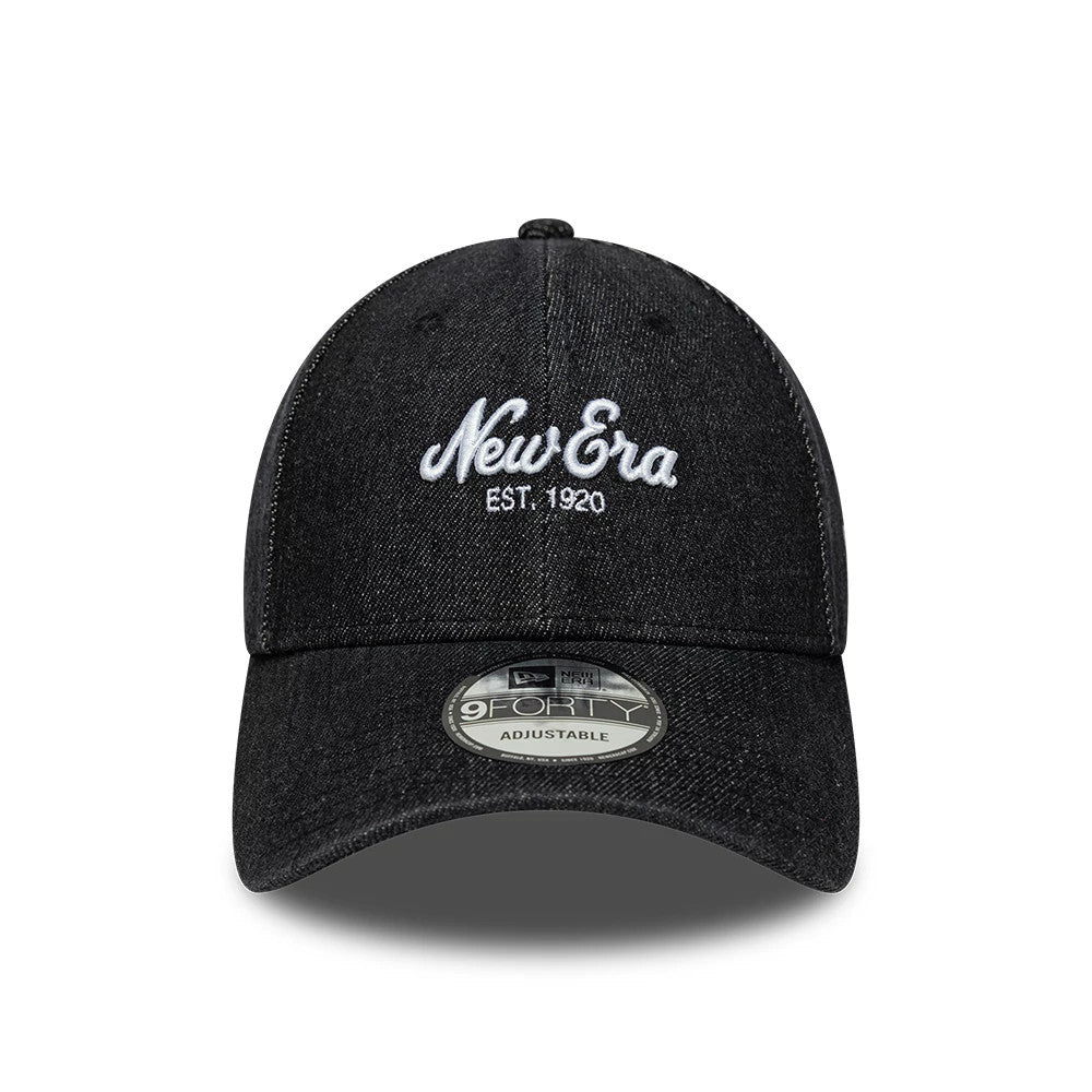 New Era Denim Black 9FORTY Adjustable Cap, front view showing raised white New Era Est. 1920 embroidered at the centre of the structured denim crown, with curved visor featuring a 9FORTY size sticker and matching denim top button.