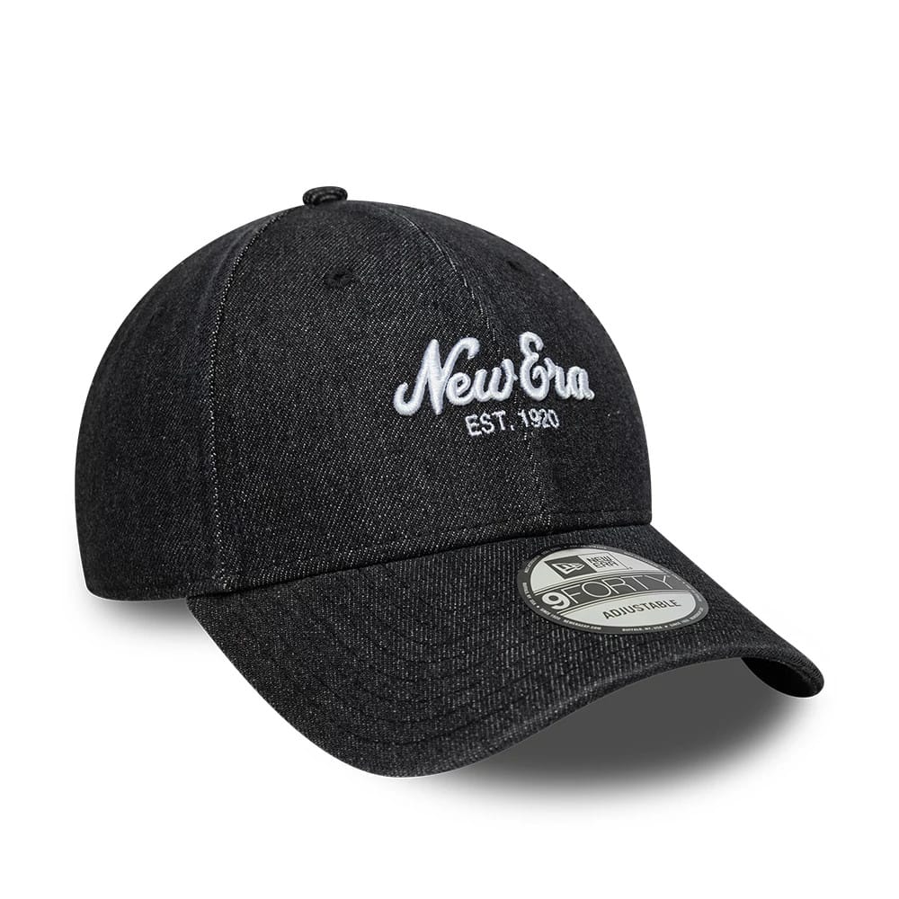 New Era Denim Black New Era 9FORTY Adjustable Cap, three-quarter view showing the white embroidered New Era logo with EST. 1920 on the front panel, curved black denim visor, and 9FORTY size sticker on top.