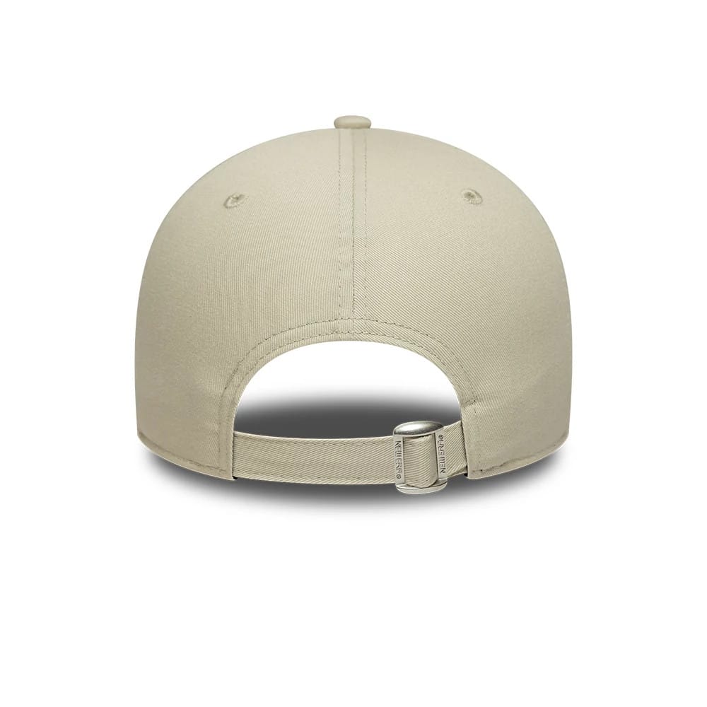 Athletics MLB Team Outline Cream New Era 9FORTY Adjustable Cap, rear view showing the cream fabric with an adjustable strap featuring a buckle, and the absence of any additional back logo on the structured crown.