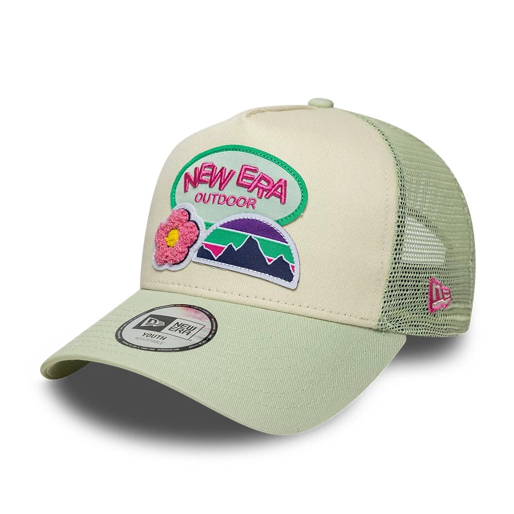 Pictured is this Youth New Era Outdoor 9FORTY A-Frame Trucker cap in pastel green. 1
