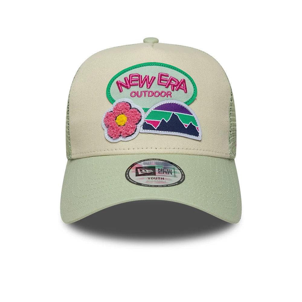 Youth New Era Outdoor Pastel Green 9FORTY A-Frame Trucker Adjustable Cap, front view showing pink and green embroidered outdoor-themed patches on the front panels, a light green curved visor, and a 9FORTY size sticker on the visor.